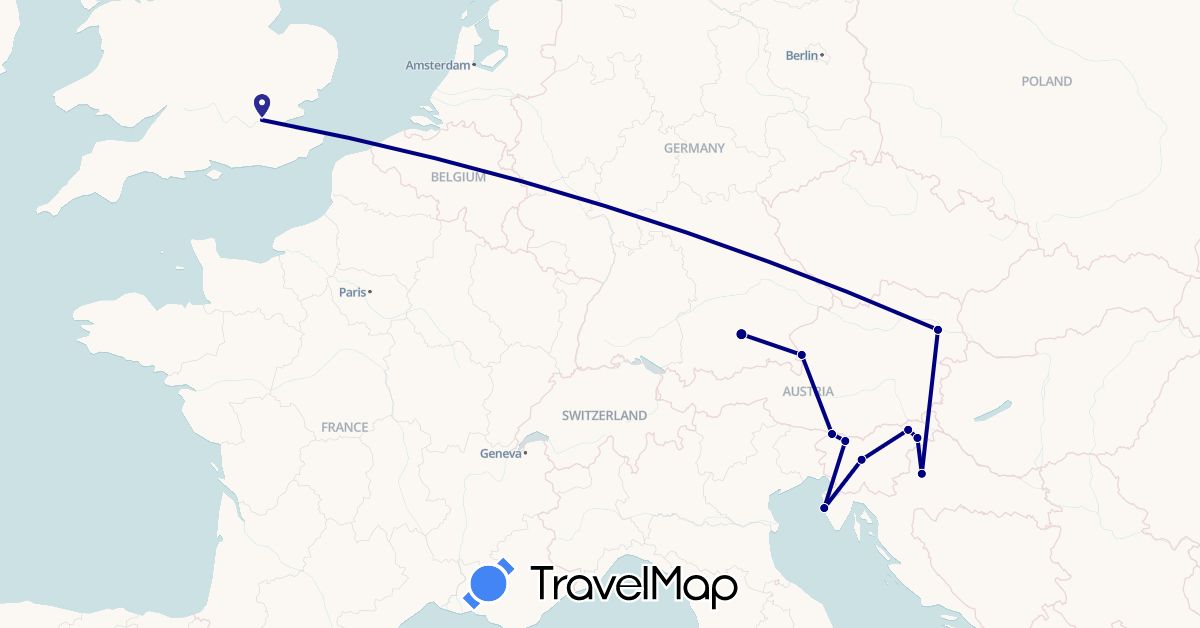TravelMap itinerary: driving in Austria, Germany, United Kingdom, Croatia, Slovenia (Europe)